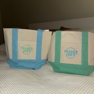2 Trader Joe's Canvas Mini Tote Bags - Blue and Green Pastel Bundle